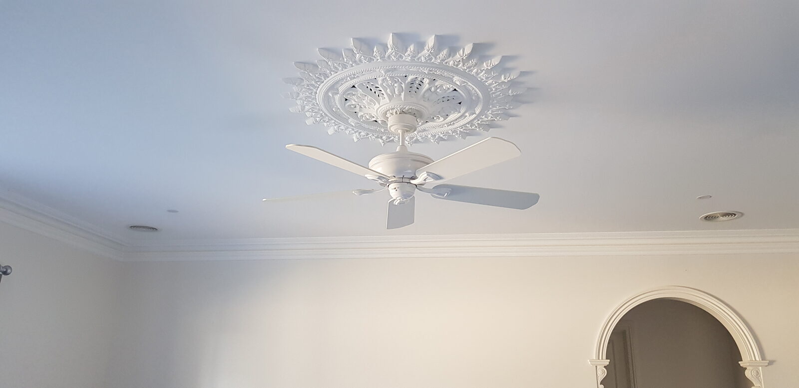 Ceiling fan installed with ornate ceiling rose