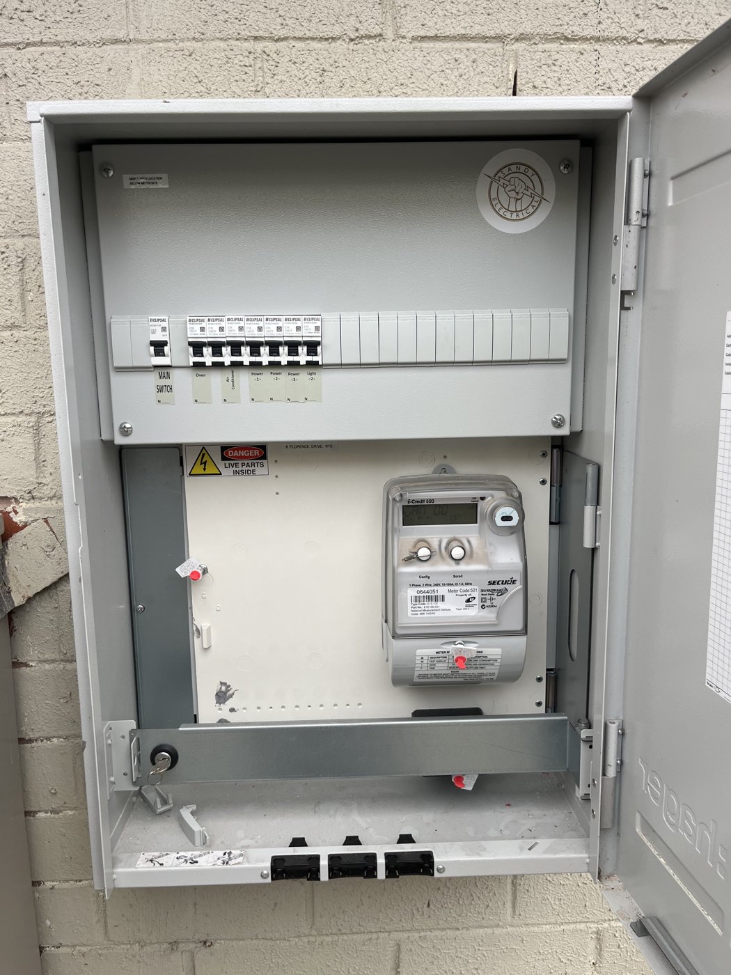 New switchboard with circuit breakers and digital smart meter